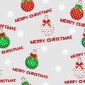 Seamless vector pattern with cartoon christmas green-red toys on grey tile background. Royalty Free Stock Photo