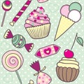 Seamless vector pattern with cartoon cute candies, ice-cream and