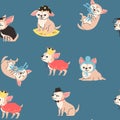 Seamless vector pattern with cartoon cute little smiling chihuahua dog dressed up, like a king, plays, lovely childish Royalty Free Stock Photo