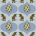 Seamless vector pattern of cartoon dinosaurs and spotted eggs on a pastel background Royalty Free Stock Photo