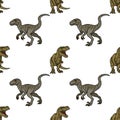 Seamless vector pattern of cartoon dinosaurs, T-Rex and raptor illustrations on white background Royalty Free Stock Photo