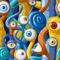 Seamless vector pattern of cartoon eyes of monsters, in blue and yellow tones Royalty Free Stock Photo