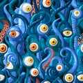 Seamless vector pattern of cartoon eyes and tentacles of monsters with blue skin and yellow eyes.