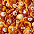 Seamless vector pattern of cartoon eyes and tentacles of monsters with red skin, orange and yellow eyes Royalty Free Stock Photo