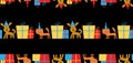 Seamless vector pattern of cartoon funny cats and dogs with gifts boxes in row, background for paper, wrapper Royalty Free Stock Photo
