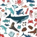 Seamless vector pattern of cartoon outline isolated sea ocean animals. Doodle whale, dolphin, shark, stingray, jellyfish, fish,