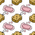 Seamless vector pattern of cartoon-style bath sponges and pink soap bars with bubbles on a white background Royalty Free Stock Photo