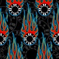 Seamless vector pattern with casino poker chips icon and classic hot rod flame.