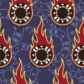 Seamless vector pattern with casino poker chips icons and flames Royalty Free Stock Photo