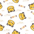Seamless vector pattern. Cat footprints, kawaii style tiger cub face. Cute animal faces on white background, roar Royalty Free Stock Photo