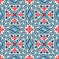 Seamless vector pattern. Ceramic tiles design. Red, blue, and white Arabic and floral elements. Geometric motif. Royalty Free Stock Photo