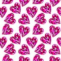 Seamless vector pattern, chaotic background with bright pink gemstones in the shape of hearts