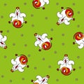 Seamless vector pattern for children. cartoon cockalorum top view and chamomile on a green background.