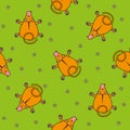 Seamless vector pattern for children. cartoon monkey top view and chamomile on green background.