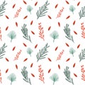 Seamless vector pattern in Christmas boho colors with pine and twigs. Surface design for web and print.