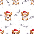 Seamless vector pattern. Christmas pattern with corgi with santa claus hat, ho-ho-ho caption, snowflakes.