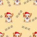 Seamless vector pattern. Christmas pattern with corgi with santa claus hat, ho-ho-ho caption, snowflakes.