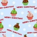 Seamless vector pattern with christmas cupcakes, muffins, sweet cake on blue tile background.