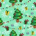 Seamless vector pattern with Christmas decorated tree, boxes of gifts and garlands of flags.