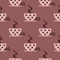 Seamless vector pattern with closeup pink coffee cups with dots and grains on the brown background.