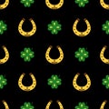 Seamless vector pattern with clover leaves and Horseshoe. The holidays backdrop for St. Patrick's Day. Colorful Royalty Free Stock Photo