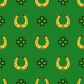 Seamless vector pattern with clover leaves and Horseshoe. The holidays backdrop for St. Patrick's Day. Colorful Royalty Free Stock Photo