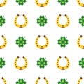 Seamless vector pattern with clover leaves and Horseshoe. The holidays backdrop for St. Patrick's Day. Colorful Royalty Free Stock Photo