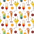 Seamless vector pattern with cocktails, mojito, margarita, martini and cosmopolitan on orange background. Wallpaper, fabric and Royalty Free Stock Photo