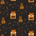 Seamless vector pattern with coffee beans, cinnamon, turka and coffee mill.