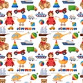 Seamless vector pattern with a collection of toys. A doll, cars, a helicopter, a ship. Royalty Free Stock Photo