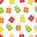 Seamless vector pattern of colored boxes with gifts with bows. Gifts for the new year, birthday, holidays. Packaging. Flat. Doodly