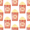 Seamless vector pattern of colored buckets popcorn background. Fun popcorn print. Delicious sweet snack. Royalty Free Stock Photo
