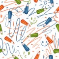 Seamless vector pattern with colored pencils and children`s hand drawings.