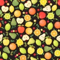 Seamless vector pattern with colorful apples, oranges, pears, lemons and limes on black background. Natural fresh fruits concept Royalty Free Stock Photo