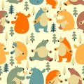 Seamless vector pattern with colorful bears in scandinavian minimalist modern style.