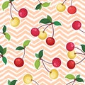 Seamless vector pattern with colorful cherries isolated on geometrical background. Natural fresh berries concept illustration for