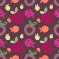 Seamless vector pattern with colorful different decorative ornamental cute strawberries on the dark violet background.