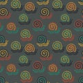 Seamless vector pattern with colorful dotted snails on a dark background