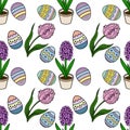 Seamless vector pattern of colorful Easter eggs and blooming spring flowers in pots Royalty Free Stock Photo