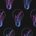 Seamless vector pattern with colorful hand drawn light bulbs and floral elements inside on black background Royalty Free Stock Photo