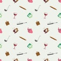 Seamless vector pattern with colorful kitchenware on the grey background