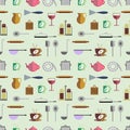 Seamless vector pattern with colorful kitchenware on the grey background