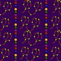 Seamless vector pattern of colorful Mardi Gras beads in looping chains and vertical strings against a deep purple background Royalty Free Stock Photo