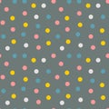 Seamless vector pattern of colorful polka dots confetti in pastel colors pink yellow turquoise white on gray background. Nordic Royalty Free Stock Photo