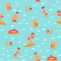 Seamless vector pattern with colorful swimming people in scandinavian style.