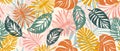 Seamless vector pattern of colorful tropical leaves flowers.