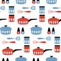 Seamless vector pattern with cookware for cooking food.
