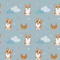 Seamless vector pattern with corgi, stars and moon. Trendy baby texture for fabric, wallpaper, apparel