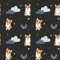 Seamless vector pattern with corgi, stars and moon. Trendy baby texture for fabric, wallpaper, apparel