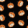 Seamless Vector Pattern Corona Halloween Pumpkins on black. Pumpkins wearing face masks. Covid-19 virus Halloween